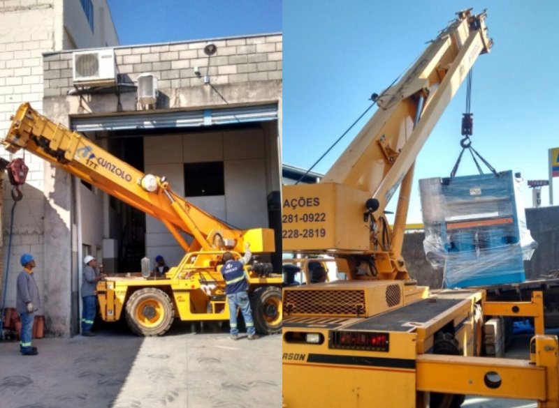 Equipe de Remo��o Industrial em A��o na cidade de Campinas-SP. O transporte de m�quina em local de espa�o restrito e de dif�cil acesso foi realizado com o Guindaste Industrial Broderson IC-250.