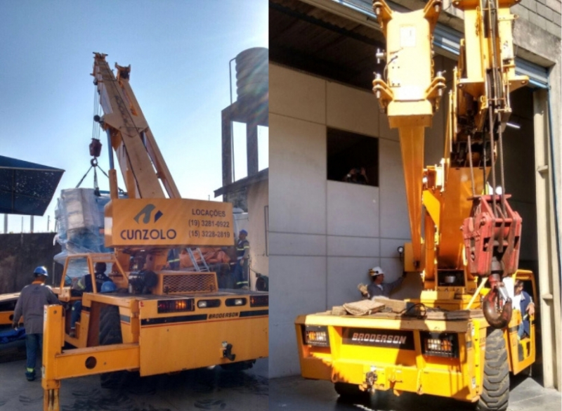 Equipe de Remo��o Industrial em A��o na cidade de Campinas-SP. O transporte de m�quina em local de espa�o restrito e de dif�cil acesso foi realizado com o Guindaste Industrial Broderson IC-250.