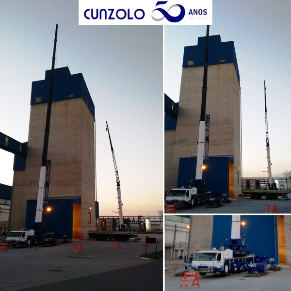 Içamento de elevador de caneca realizado com o Guindaste Rodoviário Tadano ATF 220 e Guindaste Rodoviário Tadano ATF 90.