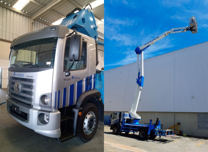 Plataforma A�rea Socage Forste 37DJ - Montada sobre caminh�o com altura de at� 37 metros e alcance de 23 metros.