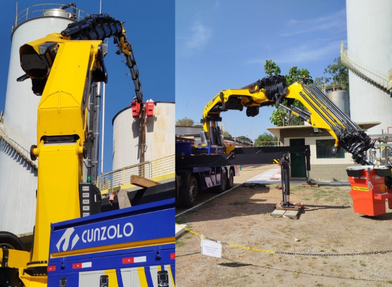 A Cunzolo trabalha com a locação do Guindaste Articulado Palfinger PK 165.002 TEC 7 F PJ300L F com capacidade total do equipamento de 32.000 kg, chegando a uma altura máxima de 21 metros.