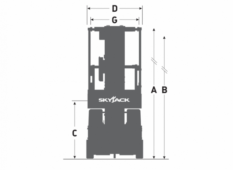 A Cunzolo trabalha com a Plataforma Tipo Mastro Vertical -  Skyjack SJ16E, indicada para trabalhos em altura até 6,5 metros, possui capacidade de peso de até 227kg e peso total de 931kg.