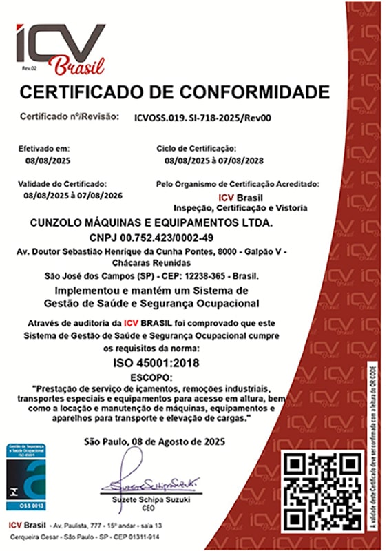 Certificado Cunzolo ICV Brasil ISO 45001 Certificado Cunzolo ICV Brasil ISO 45001