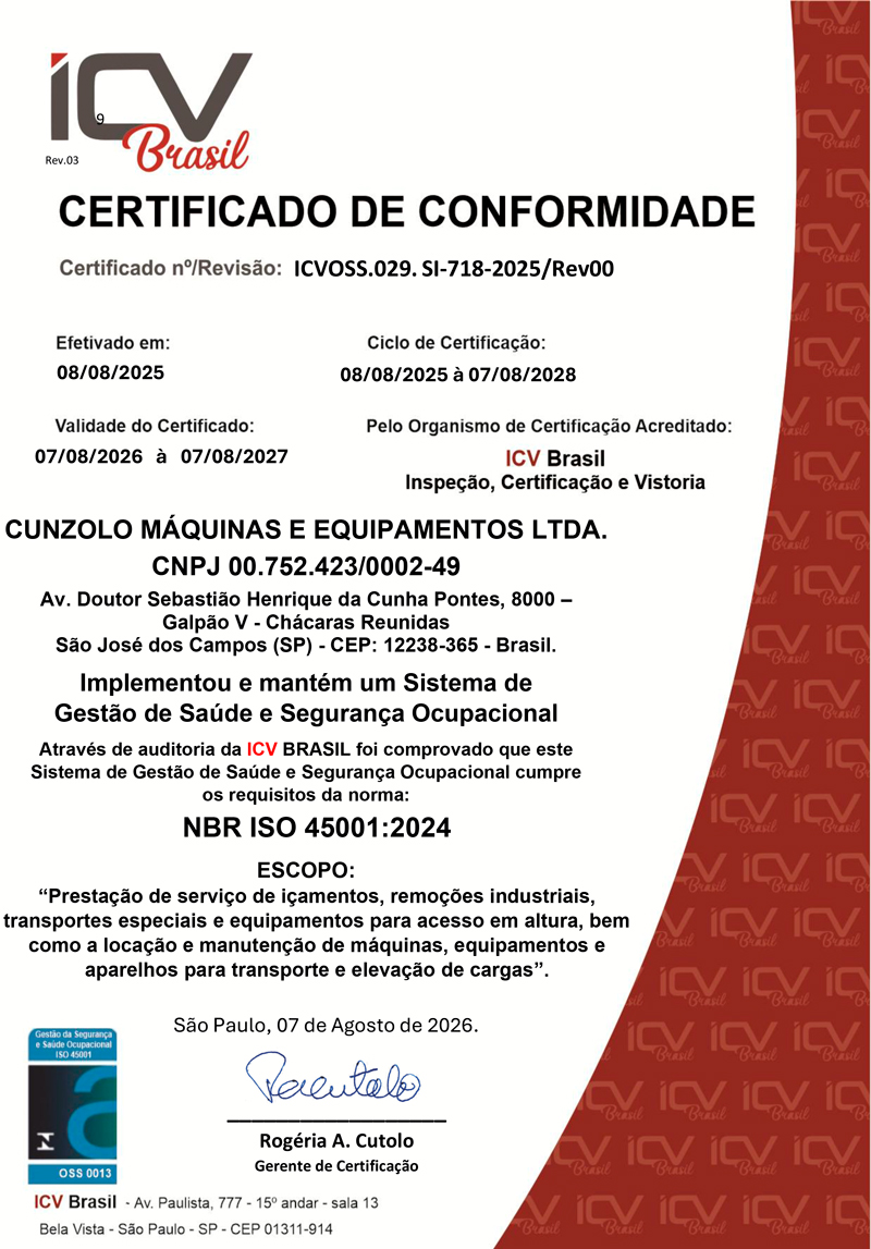 Certificado Cunzolo ICV Brasil ISO 45001